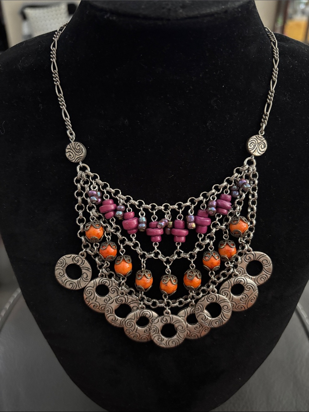 Bohemian Purple and Orange Multi-Strand Statement Necklace